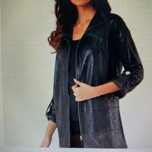 Angel, Navy Blue Roll Sleeve Zip Jacket Faux Leather